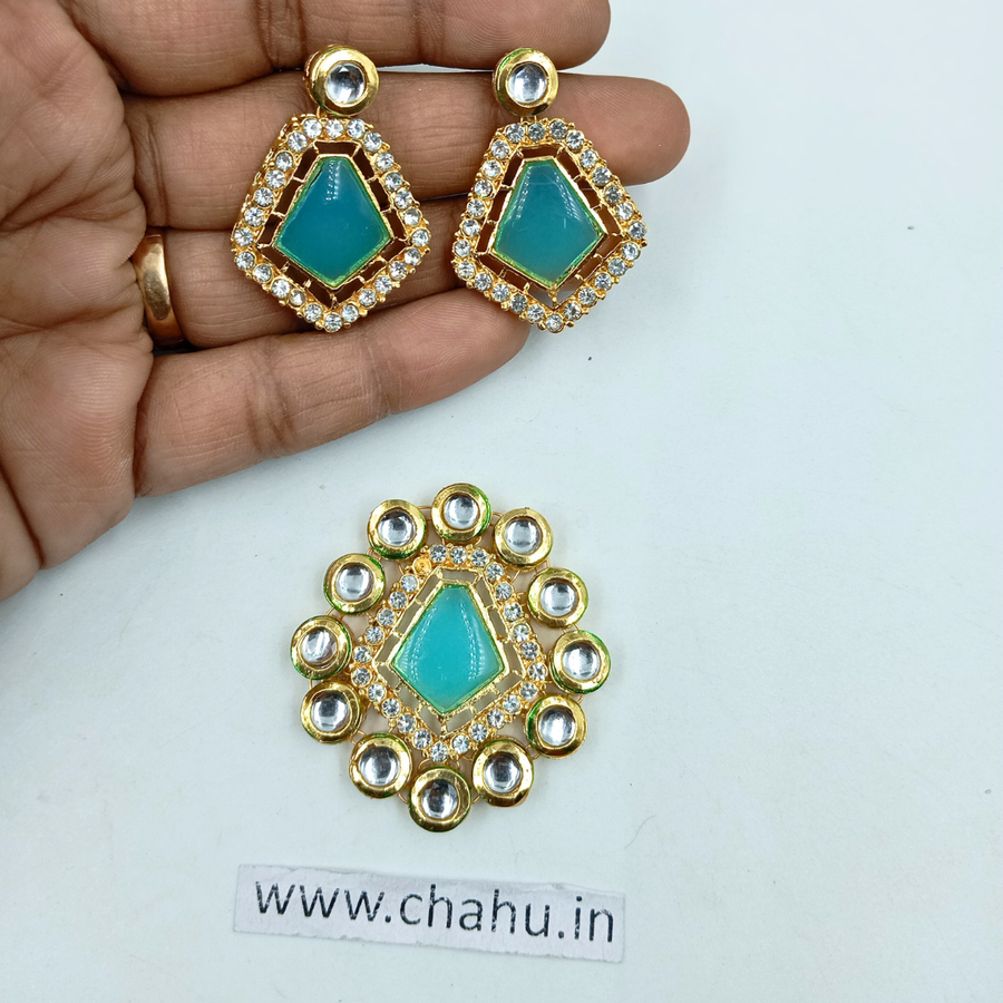 Sky Blue Kundan Pendant With Earrings