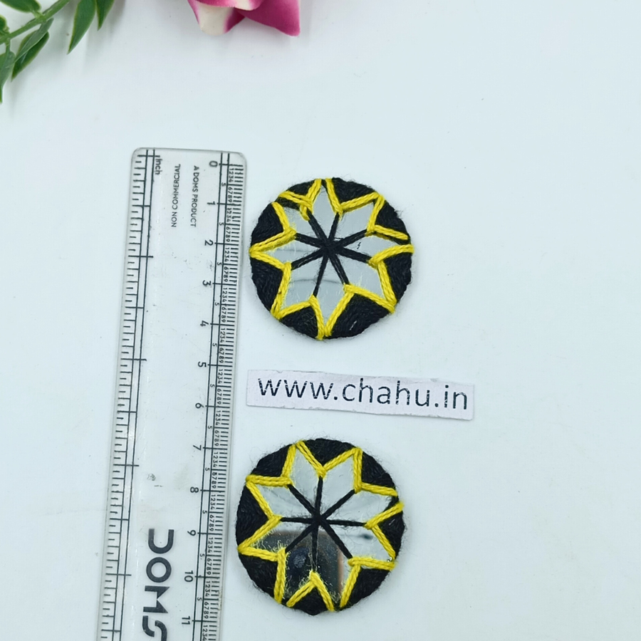 Black and Lemon Yellow Round Embroidery Mirror - 10 Pieces