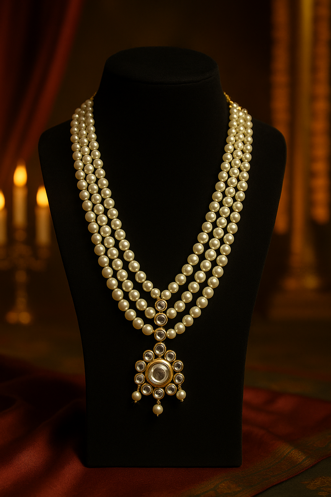 3 Layer Offwhite Beaded Rani Har with Kundan Pendant