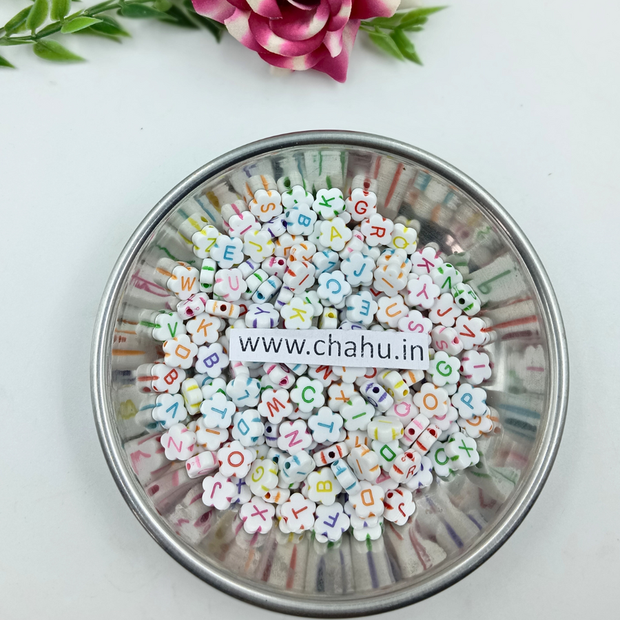 A to Z Mix Alphabet Letter Flower Type Colorful  Acrylic Beads - 100 Gram