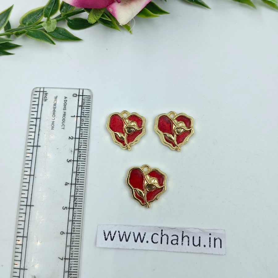 Golden Red Heart Rose Charms - 5 Pieces