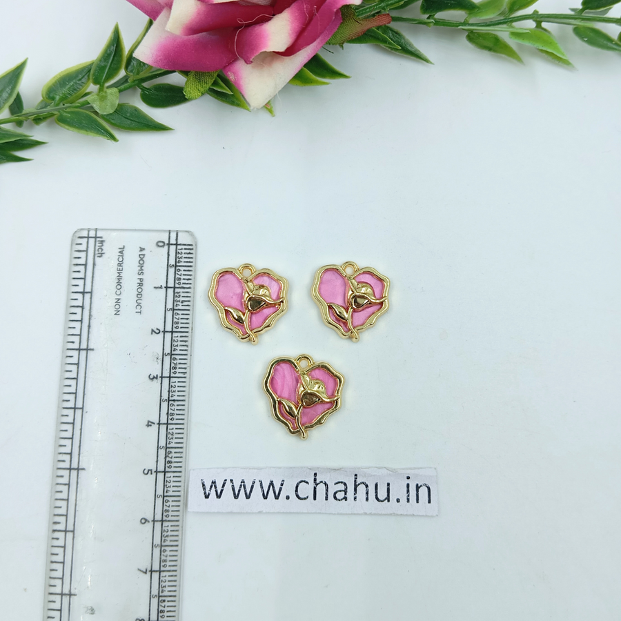 Golden Pink Heart Rose Charms - 5 Pieces