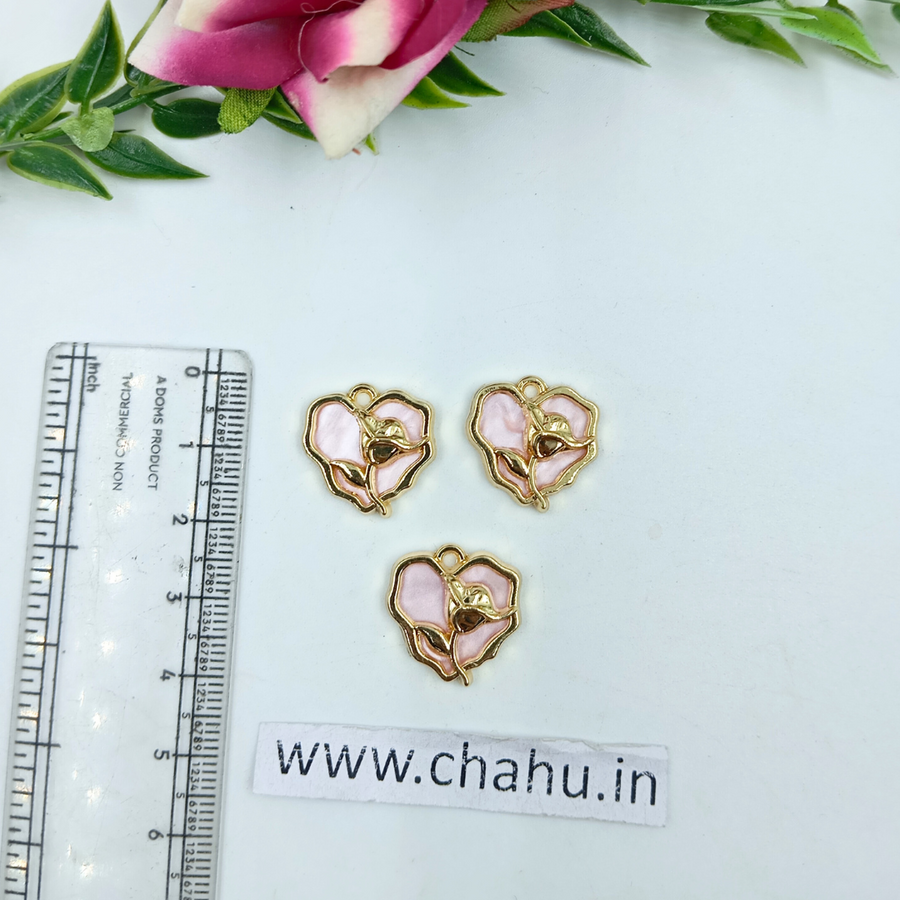 Golden Light Pink Heart Rose Charms - 5 Pieces