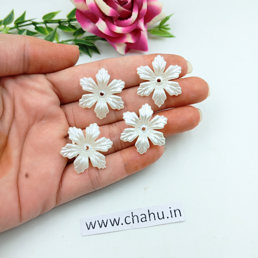 White Pearly Acrylic Big Flower Beads - 100 Gram