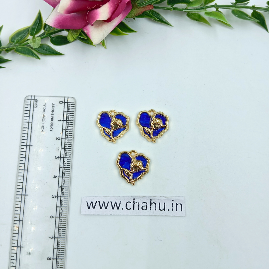 Golden Blue Heart Rose Charms - 5 Pieces