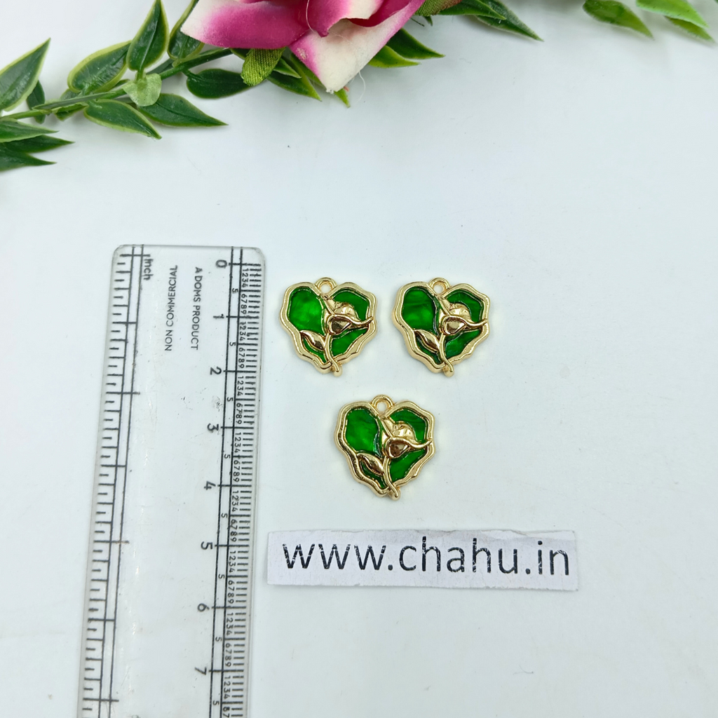 Golden Green Heart Rose Charms - 5 Pieces