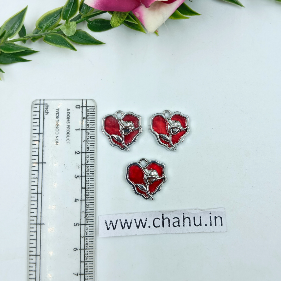 Silver Red Heart Rose Charms - 5 Pieces