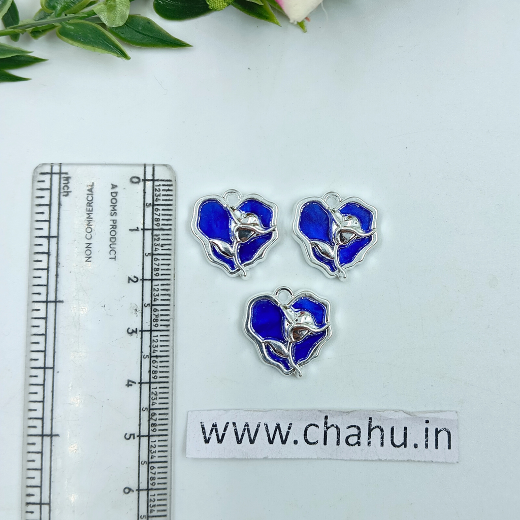 Silver Blue Heart Rose Charms - 5 Pieces