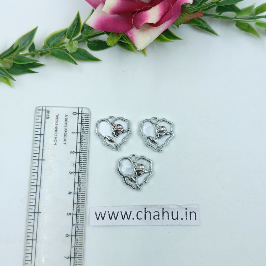 Silver White Heart Rose Charms - 5 Pieces