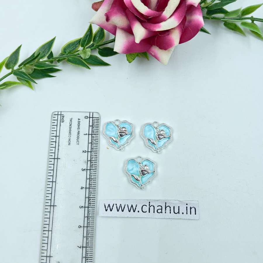 Silver Sky Blue Heart Rose Charms - 5 Pieces