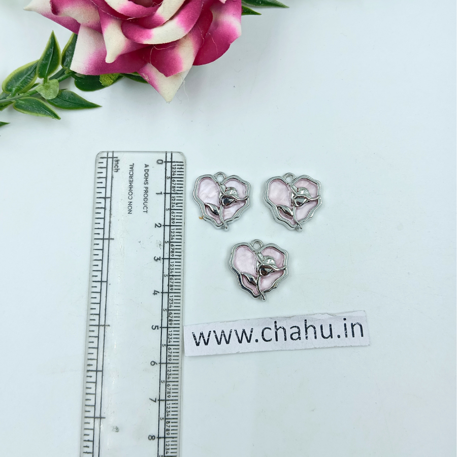 Silver Pink Heart Rose Charms - 5 Pieces