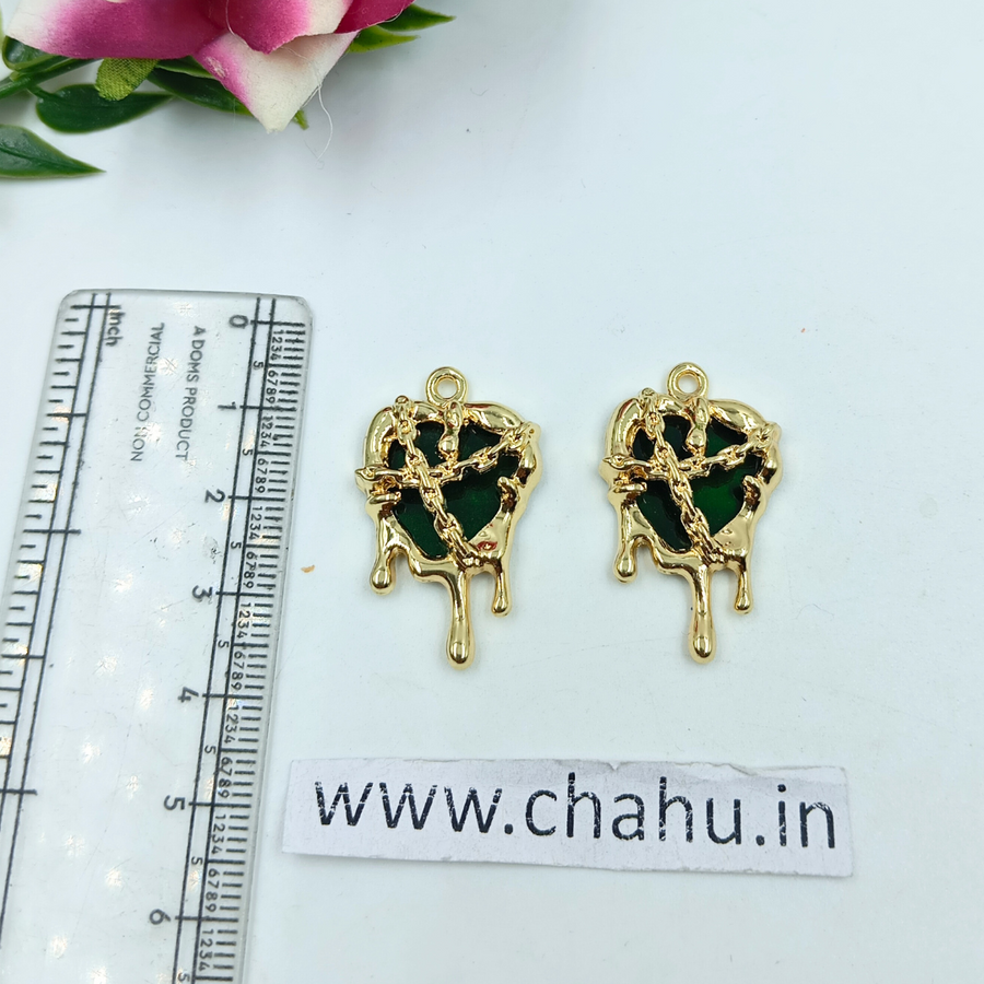 Golden Green Heart Chain Charms - 5 Pieces
