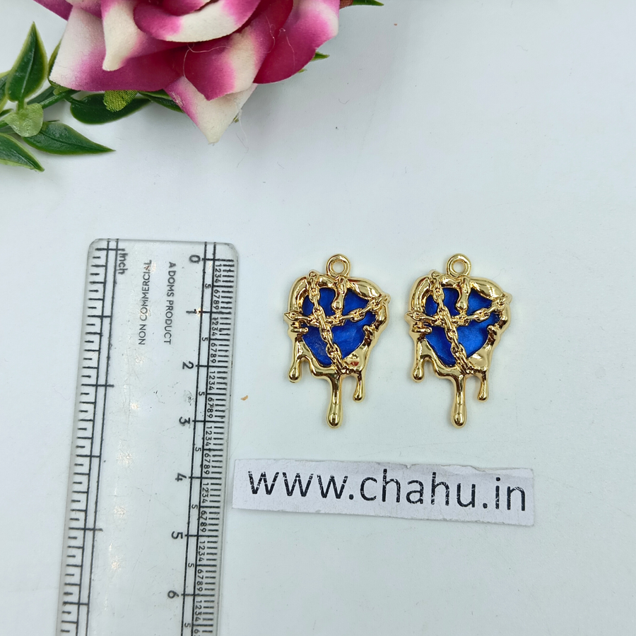 Golden Blue Heart Chain Charms - 5 Pieces