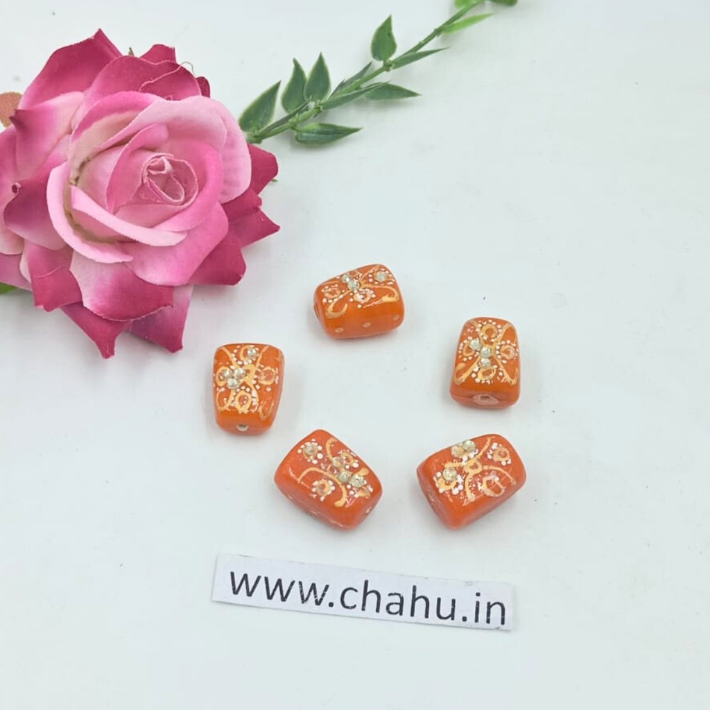 17mm Orange Meenakari Kundan Tumble Beads - 25 Pieces